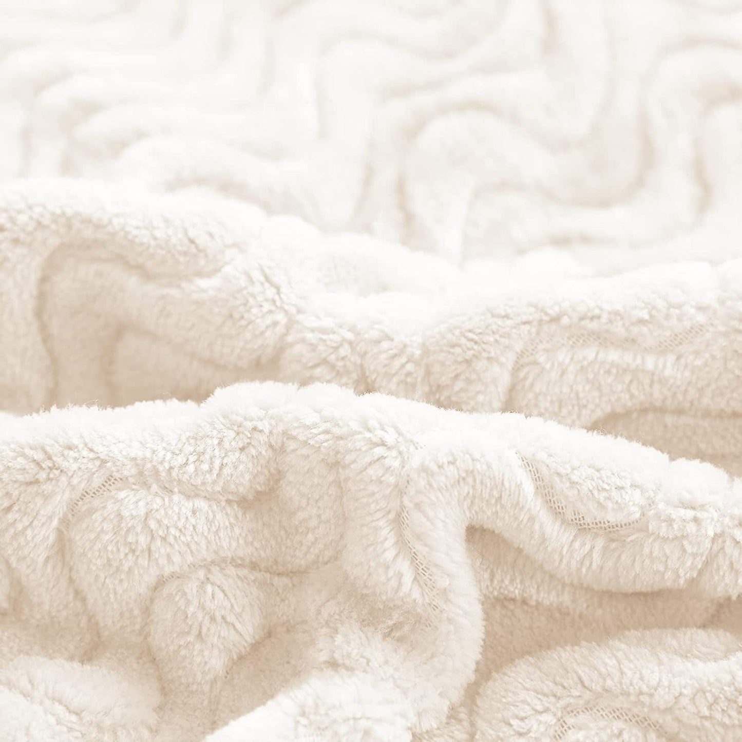 Exclusivo Mezcla Queen Size Jacquard Weave Wave Pattern Flannel Fleece Velvet Plush Bed Blanket as Bedspread/Coverlet/Bed Cover (90" x 90",Ivory) - Soft, Lightweight, Warm and Cozy