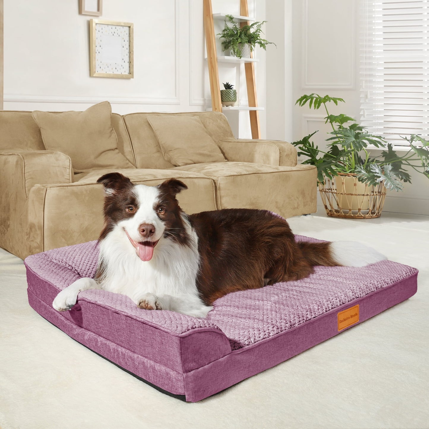 Exclusivo Mezcla Jacquard Orthopedic Pet Bed for Large Dogs, 42"X28" Waterproof L Shaped Dog Bed with Washable Cover, Purple