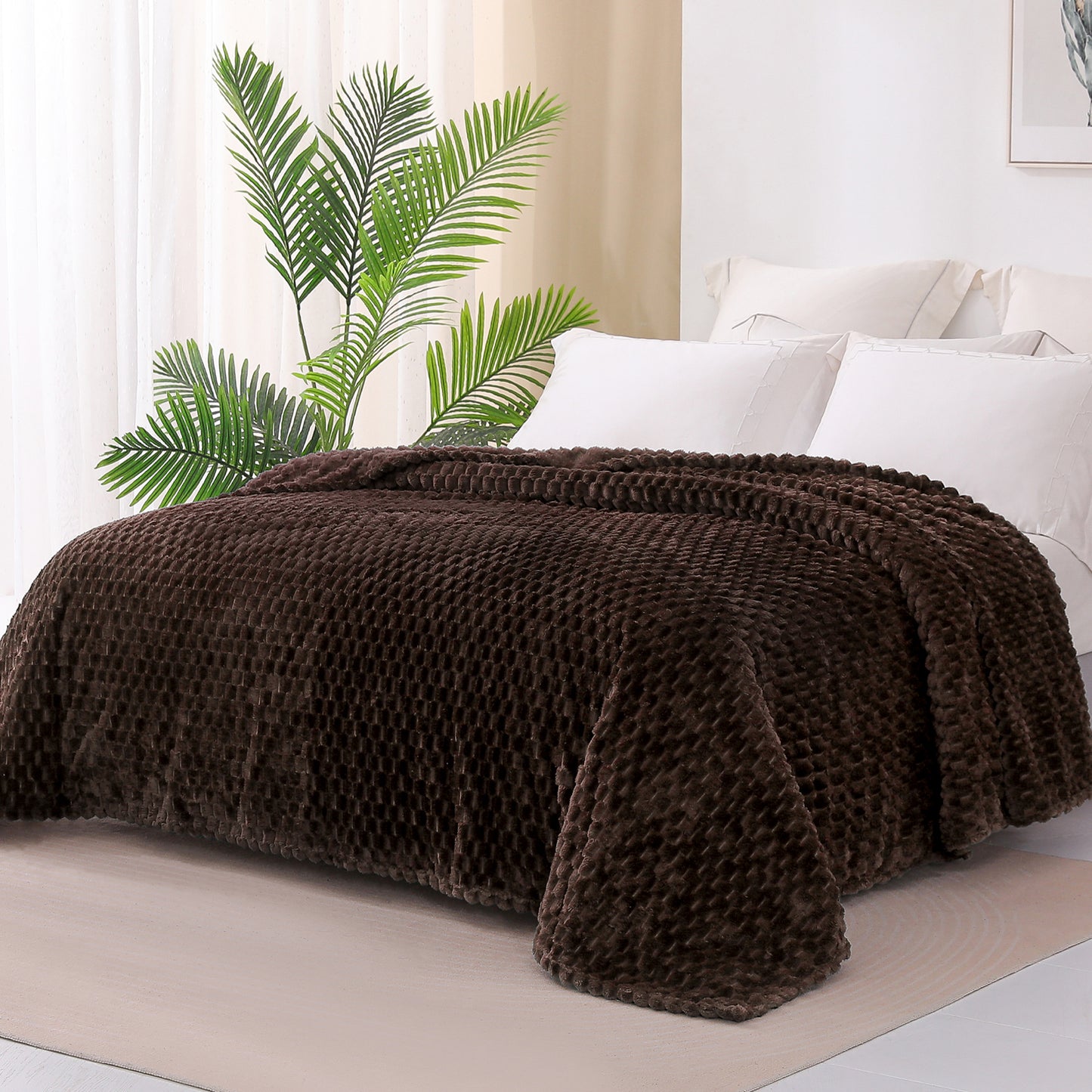 Exclusivo Mezcla King Size Soft Fleece Blanket, 90x104 Inches 3D Clouds Stylish Jacquard Velvet Blanket for Bed, Cozy Soft Lightweight for All Season, Coffee Blanket