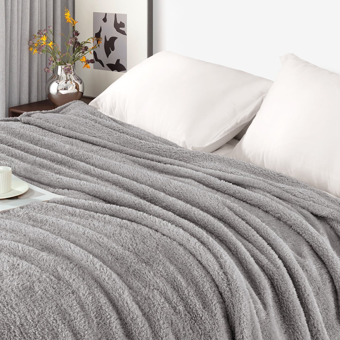 Exclusivo Mezcla Fuzzy Fleece Throw Blanket for Couch Sofa, Lightweight Fluffy Solid Velvet Blanket, Suitable for All Seasons, 50x60 Inches, Light Grey