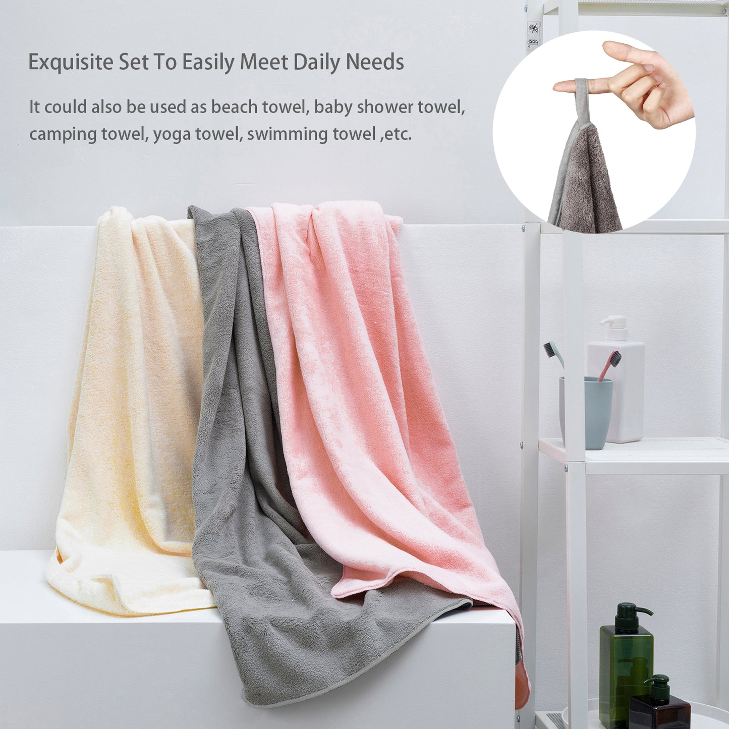 Exclusivo Mezcla 4-Piece Ultra Soft Bath Towel Set, Large Highly Absorbent Microfiber Coral Velvet Towel, Quick Drying for Body, Bathroom, Gym, Spa, 2 Bath Towels, 2 Hand Towels, Grey