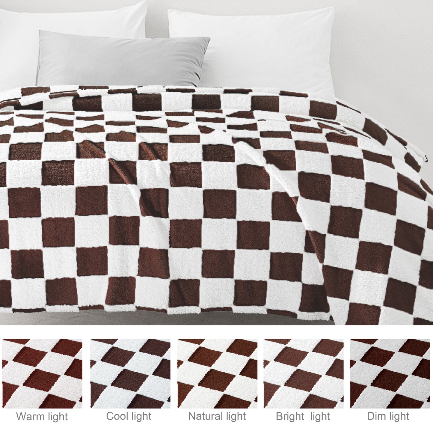 Exclusivo Mezcla Fleece Blanket Queen, Cozy Lightweight Fuzzy Checkered Blanket for Bed, Suitable for All Season, Coffee, 90" x 90"
