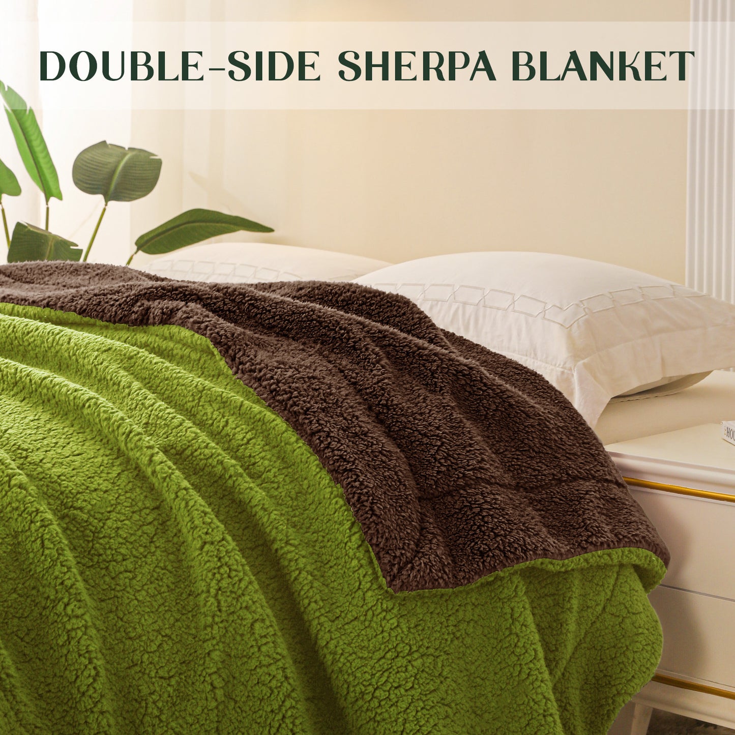 Exclusivo Mezcla Queen Size Reversible Sherpa Fleece Blanket, Soft Plush Blanket for Bed Sofa, Warm Fluffy Blankets for All Season, 90x90 Inches, Olive/ Brown