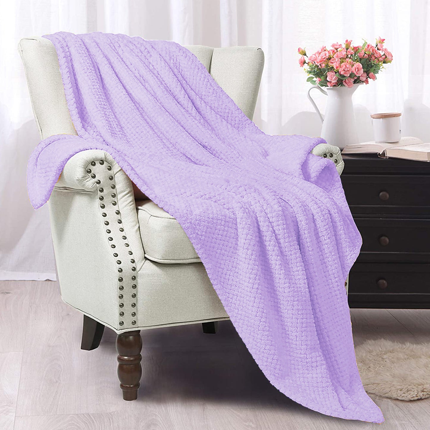Exclusivo Mezcla Waffle Textured Extra Large Fleece Blanket, Super Soft and Warm Throw Blanket for Couch, Sofa and Bed (Lilac Purple, 50x70 inches)-Cozy, Fuzzy and Lightweight