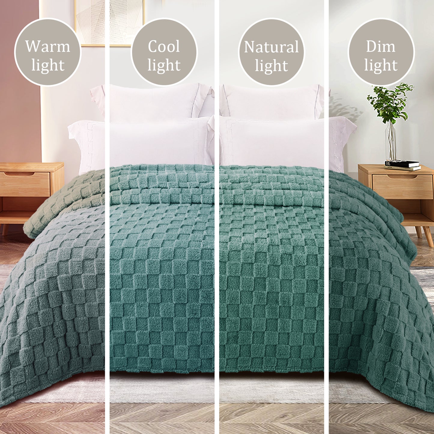 Exclusivo Mezcla Fleece Throw Blanket for Couch, Super Soft 3D Checkered Jacquard Bed Blanket, Cozy Fluffy Lightweight Blanket for All Seasons, 50x60 Inches, Celadon Blanket