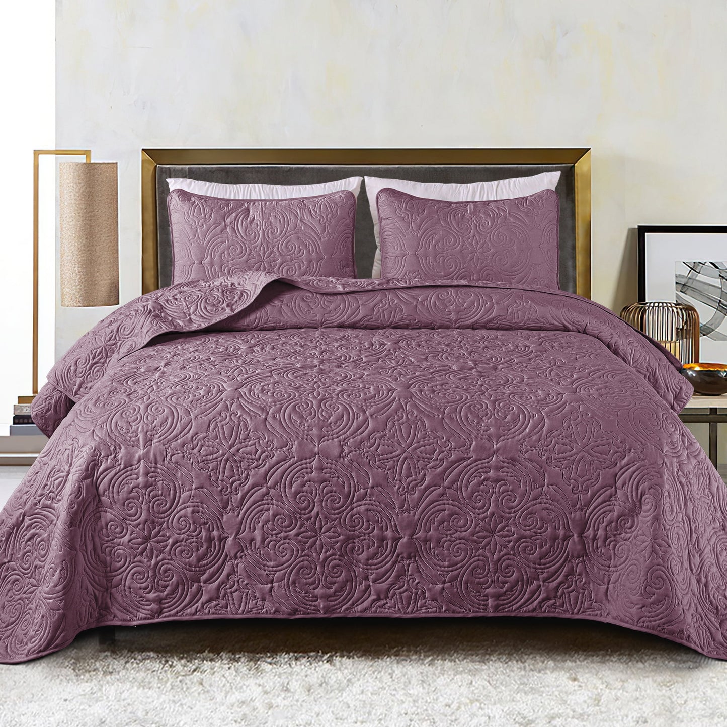Exclusivo Mezcla King Quilt Bedding Set, Lightweight Vintage King Size Quilts with Pillow Shams, Soft Bedspreads Coverlets for All Seasons, (104"x96", Dusty Lavender)