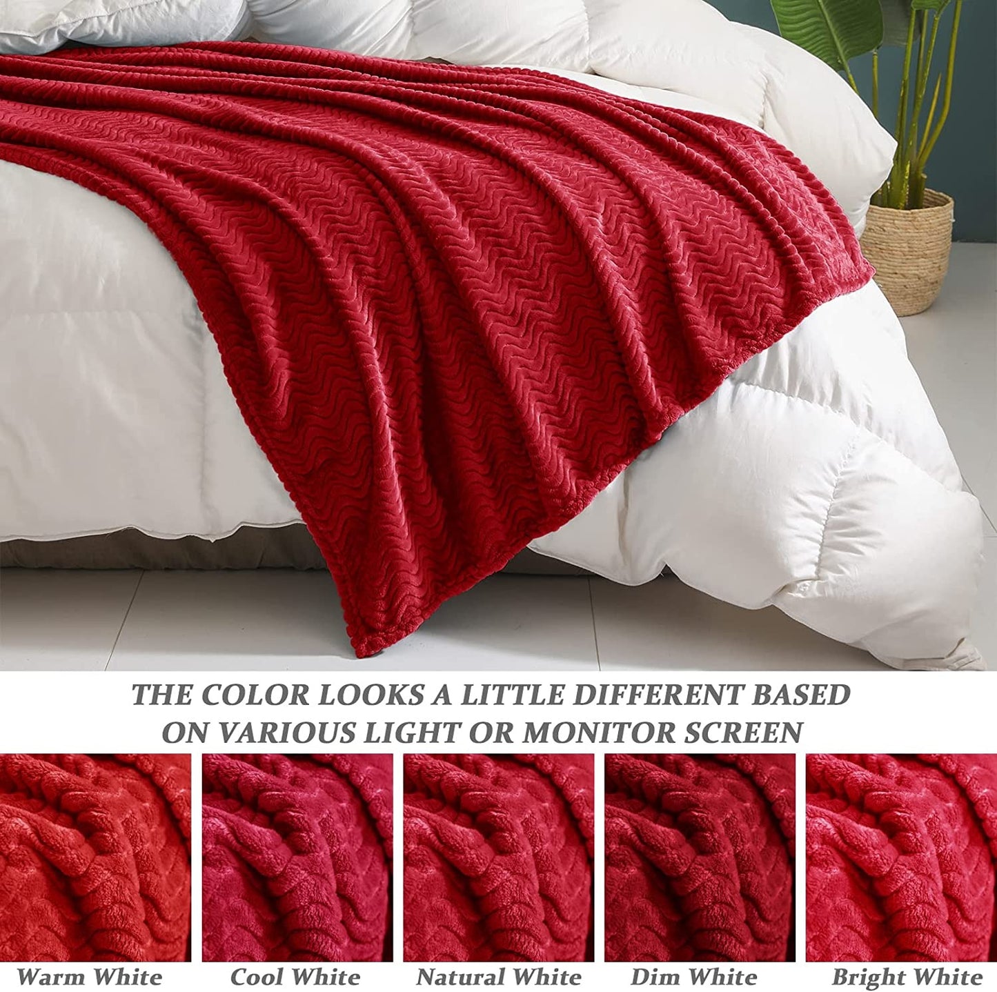 Exclusivo Mezcla Large Flannel Fleece Throw Blanket, Jacquard Weave Wave Pattern (50" x 70", Red) - Soft, Warm, Lightweight and Decorative
