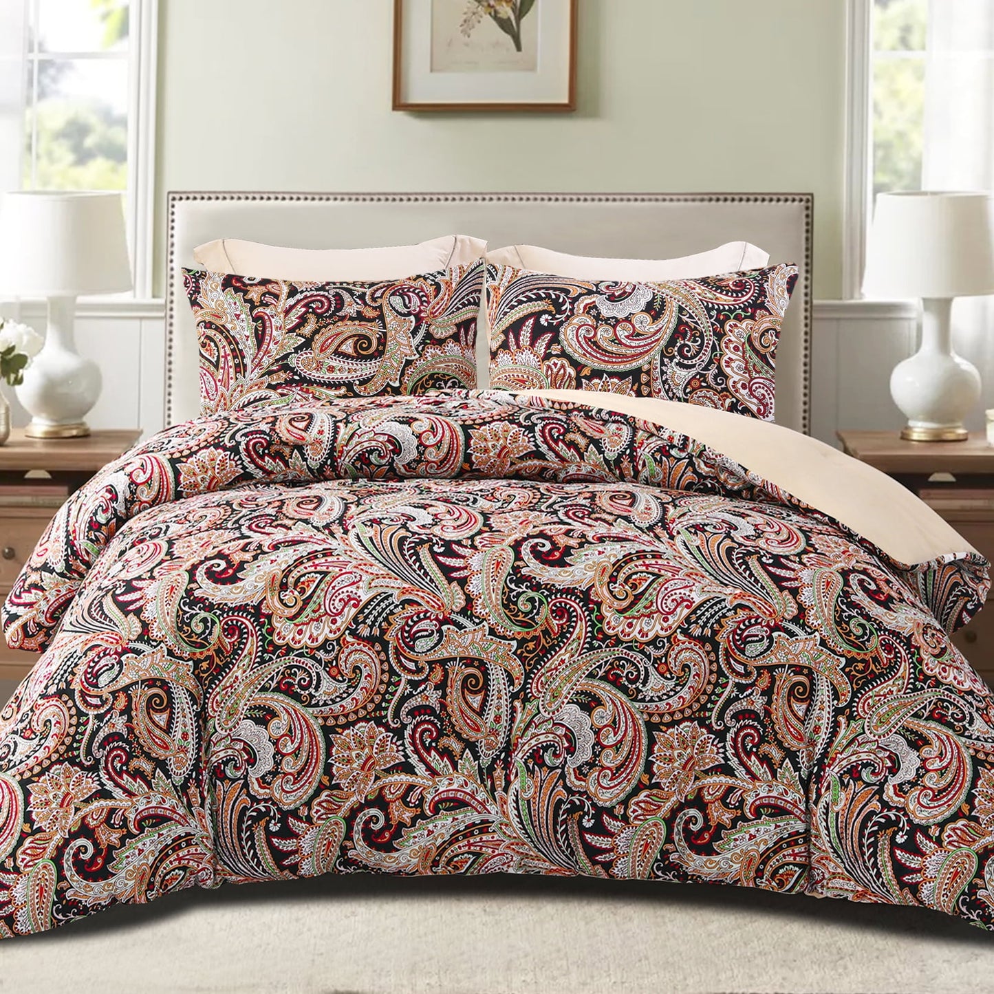 Exclusivo Mezcla 3-Piece Paisley Queen Comforter Set, Microfiber Bedding Down Alternative Comforter for All Seasons with 2 Pillow Shams, Black and Camel