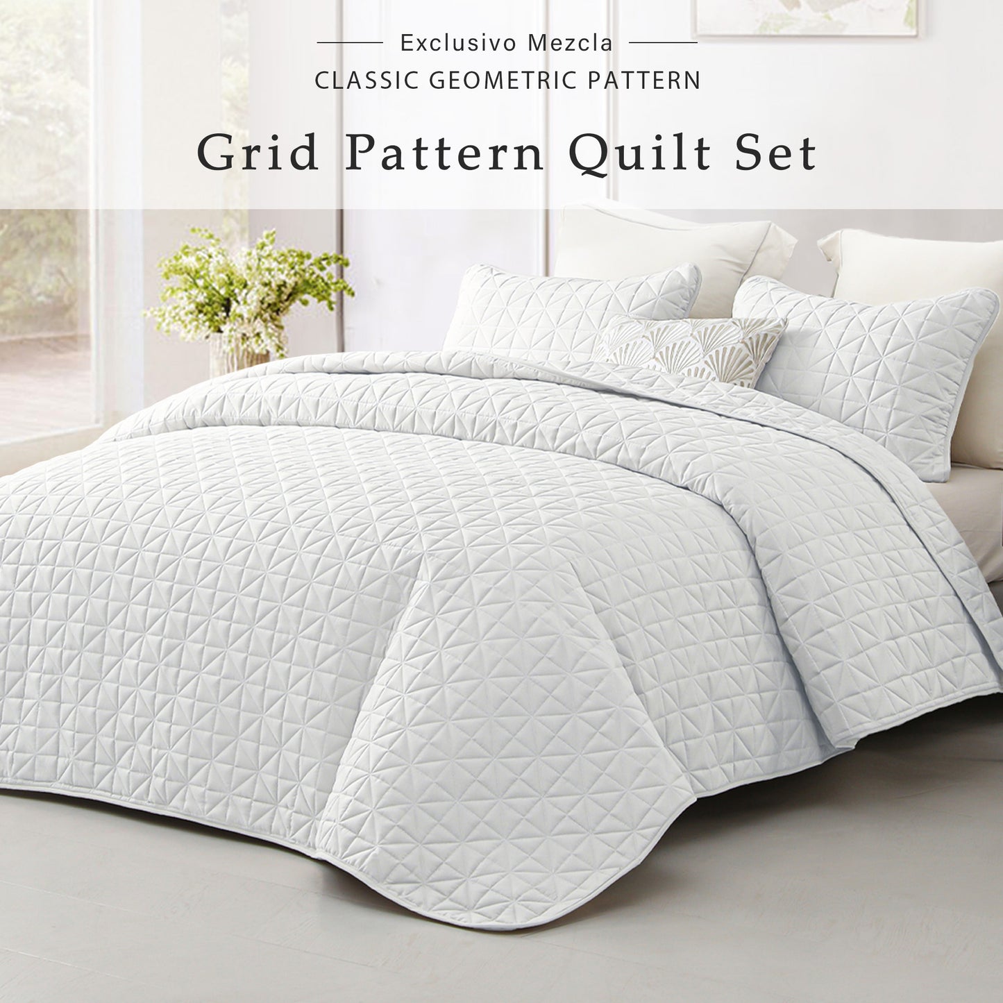 Exclusivo Mezcla Queen Quilt Bedding Set for All Seasons, Lightweight Soft White Quilts Queen Size Bedspreads Coverlets Bed Cover with Geometric Stitched Pattern, (1 Quilt, 2 Pillow Shams)
