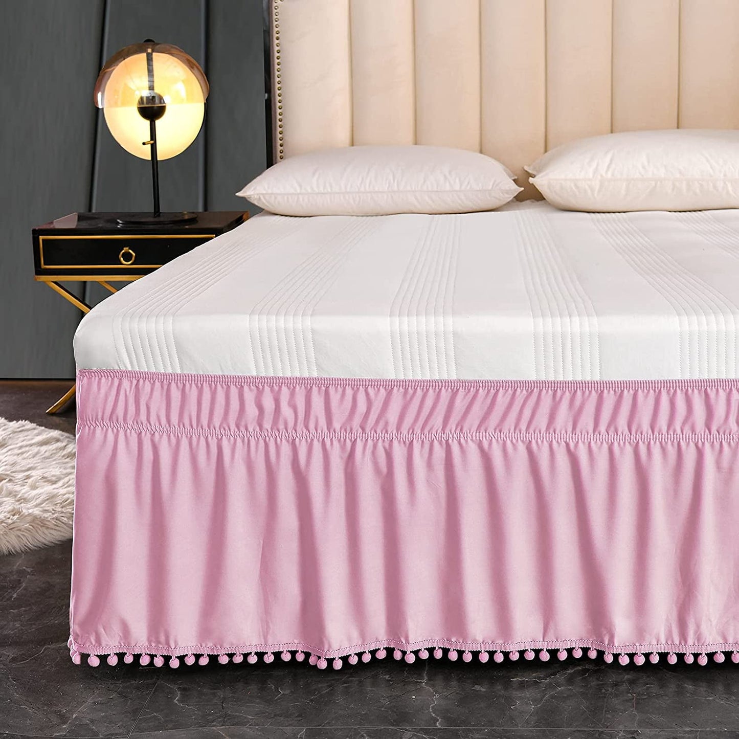Exclusivo Mezcla Pom Pom Bed Skirt with Adjustable Elastic Belt, Easy Wrap Around Dust Ruffles with 16 Inch Tailored Drop, Wrinkle and Fade Resistant, (Full, Pink)