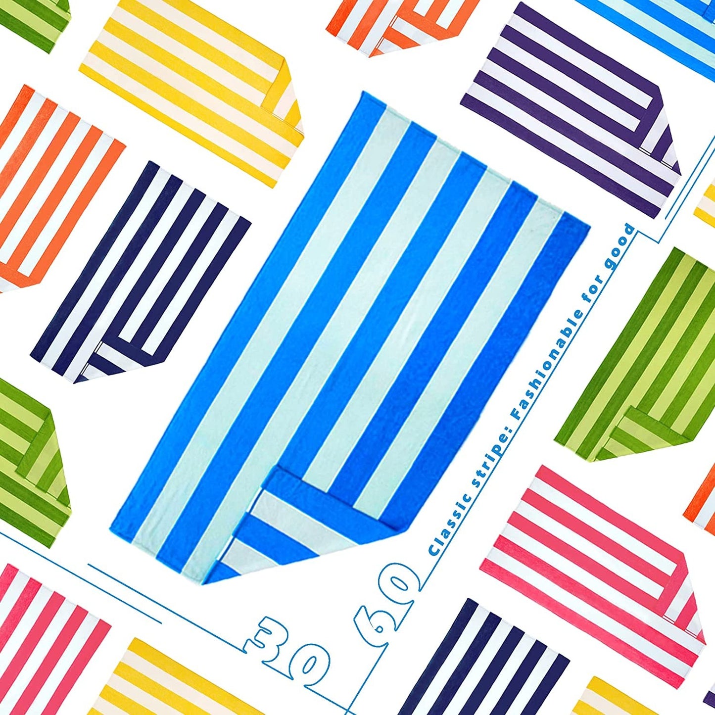 Exclusivo Mezcla Microfiber Cabana Striped Large Beach Towel for Adults (Blue, 30" x 60")-Soft, Quick Dry, Absorbent, and Plush