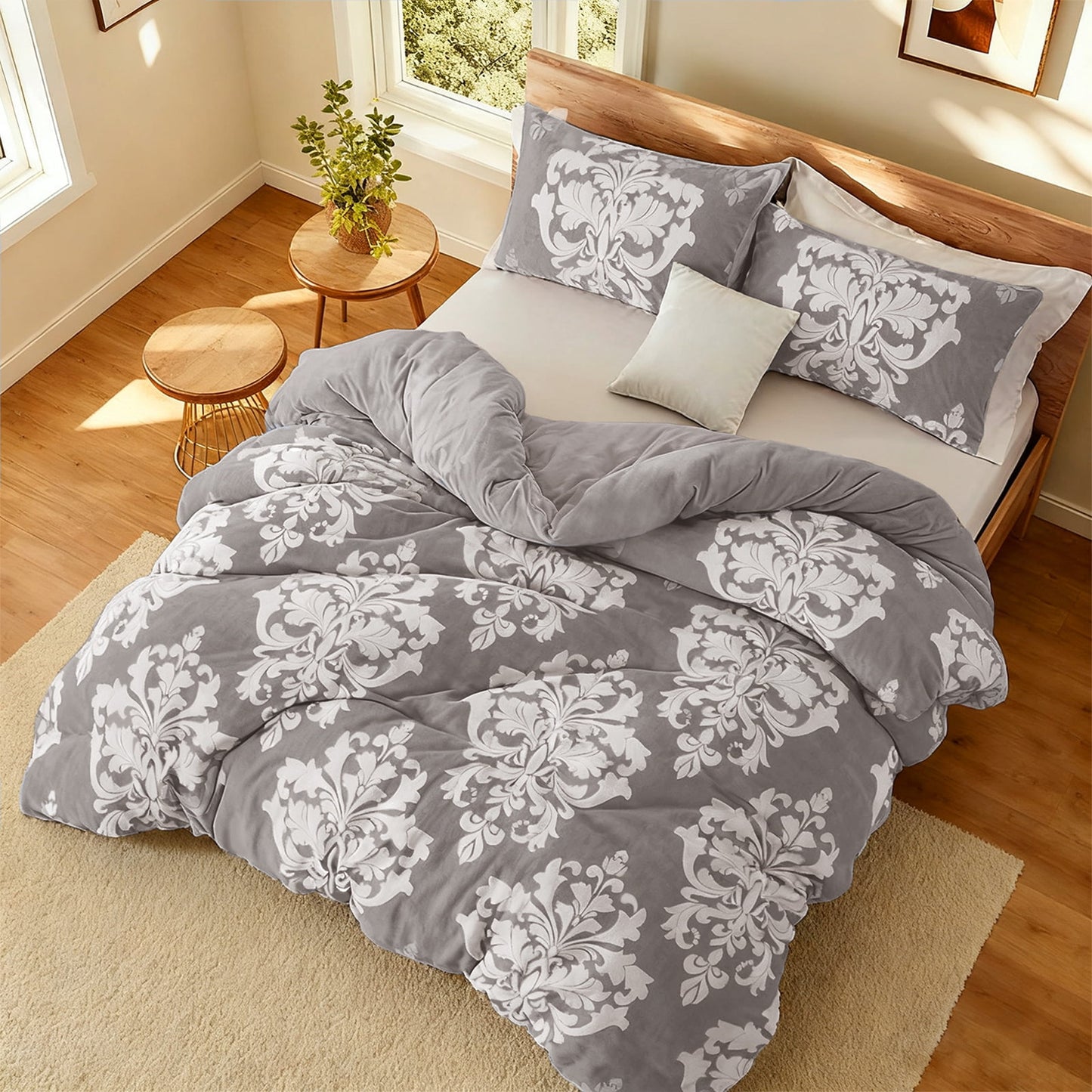 Exclusivo Mezcla Luxury Fuzzy Queen Comforter Set, 3 Pieces Boho Soft Warm Grey Comforters, Reversible Flannel Fluffy Bedding Comforter Sets for All Seasons