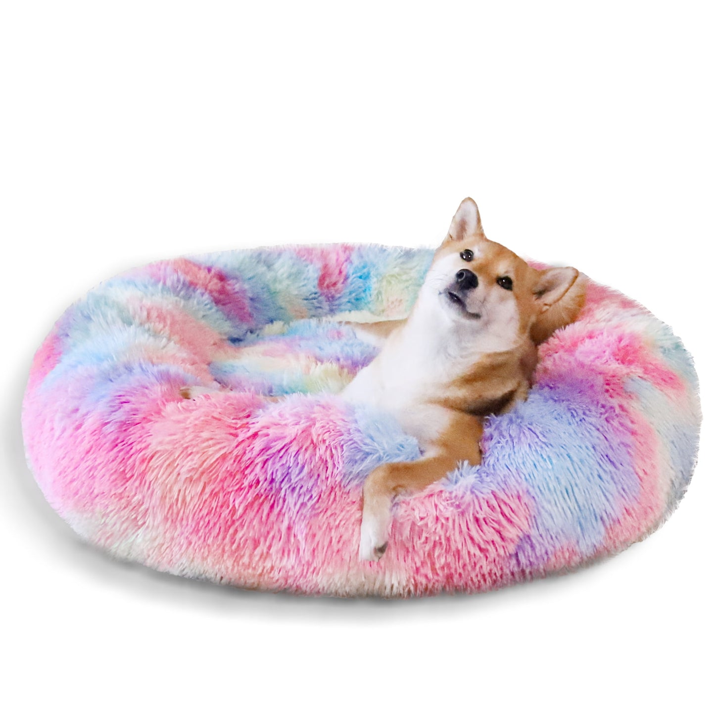 Exclusivo Mezcla Calming Donut Pet Bed for Medium Dogs 32", Anti-Anxiety Plush Cozy Warming Dog Bed, Pink Rainbow