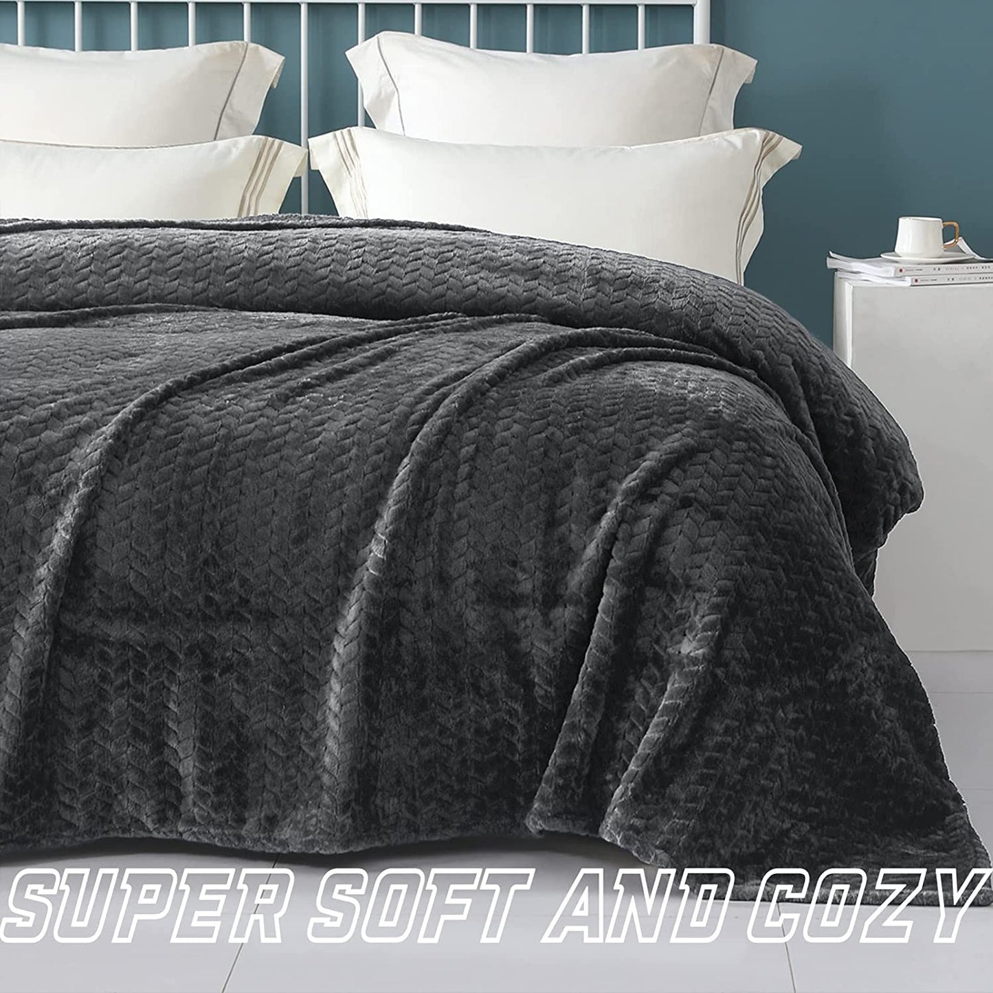Exclusivo Mezcla King Size Jacquard Weave Leaves Pattern Flannel Fleece Velvet Plush Bed Blanket for Couch Bed Sofa (90" x 104", Grey) - Soft, Lightweight, Warm and Cozy