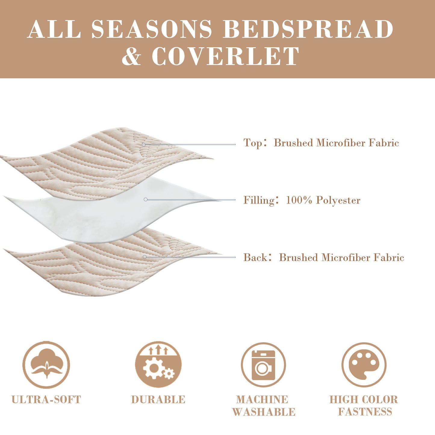 Exclusivo Mezcla Ultrasonic Twin Size Quilt Set Brich Beige, 2 Pieces Lightweight Bedspread Leaf Pattern Bed Cover Soft Microfiber Coverlet Bedding Set for All Seasons