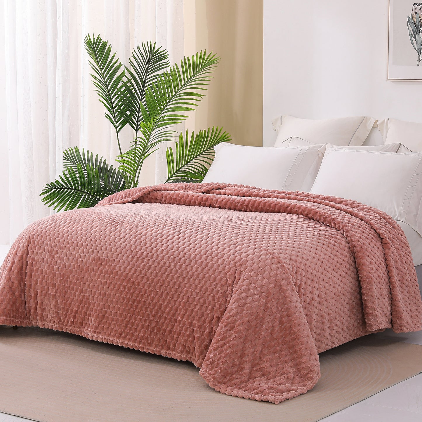 Exclusivo Mezcla Queen Size Flannel Fleece Blanket, 90x90 Inches Stylish Jacquard Velvet Plush Blanket for Bed, Cozy, Warm, Lightweight and Decorative Dusty Pink Blanket