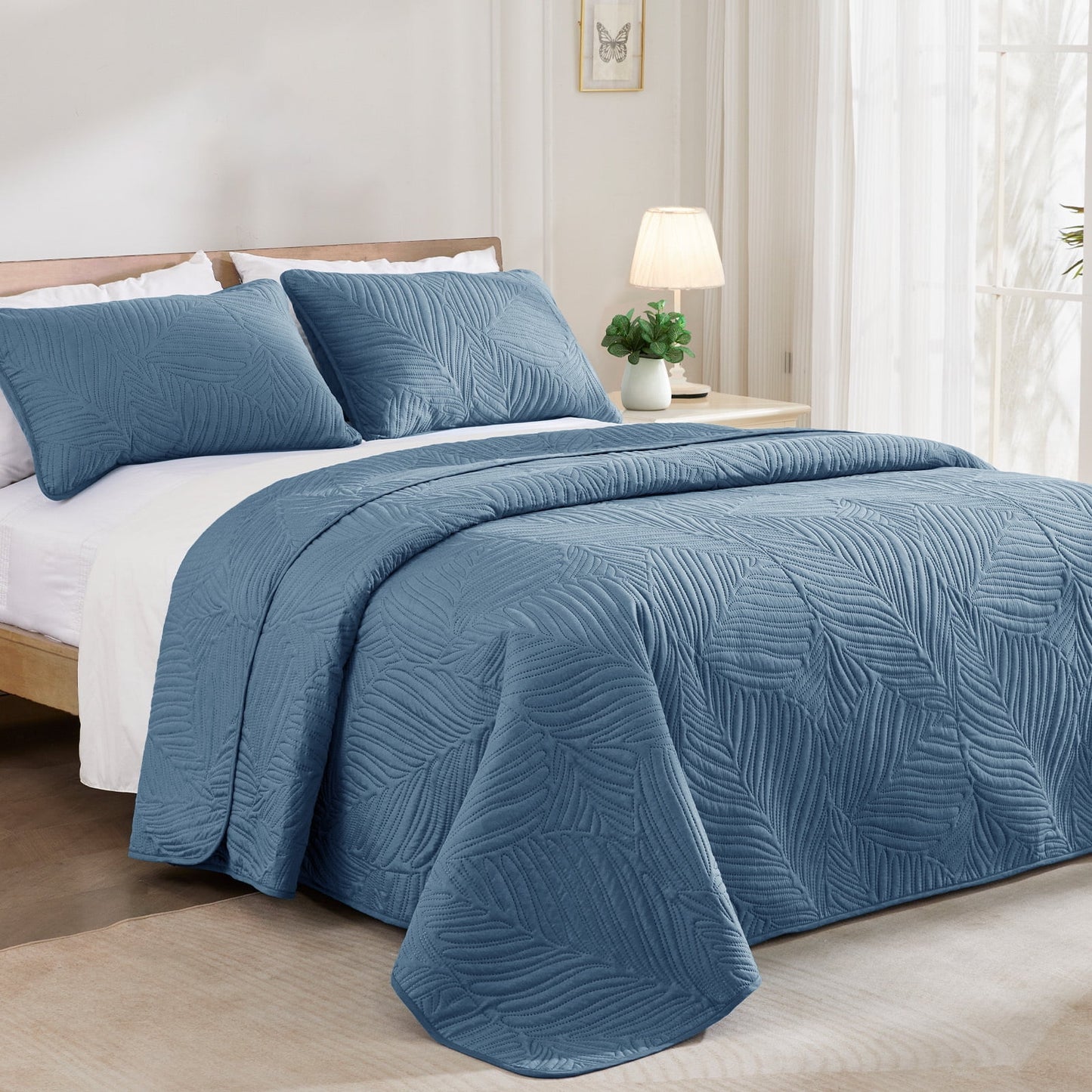 Exclusivo Mezcla Ultrasonic Twin Size Quilt Set Bluish Grey, 2 Pieces Lightweight Bedspread Leaf Pattern Bed Cover Soft Microfiber Coverlet Bedding Set for All Seasons