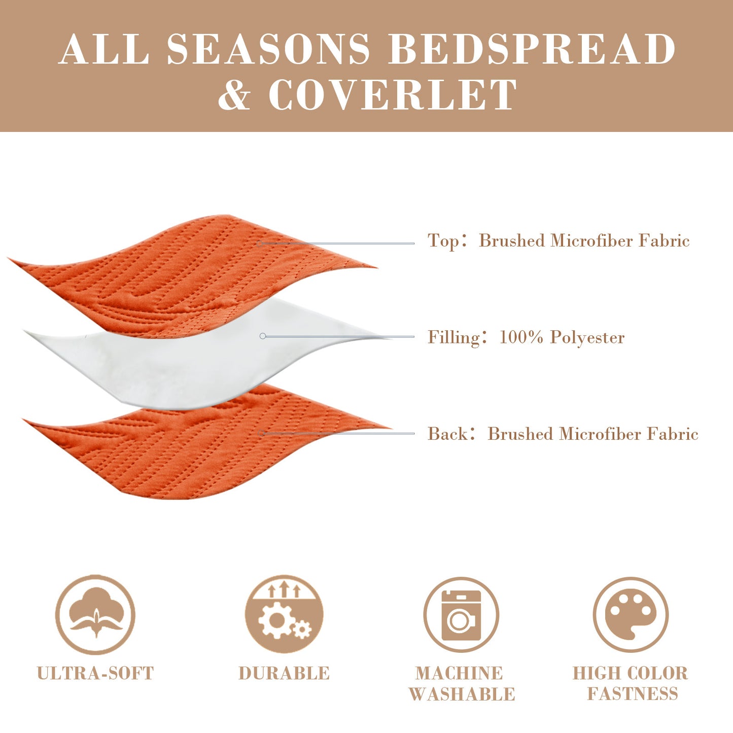 Exclusivo Mezcla Ultrasonic Full Queen Quilt Set Burnt Orange, 3 Pieces Lightweight Bedspread Leaf Pattern Bed Cover Soft Coverlet Bedding Set