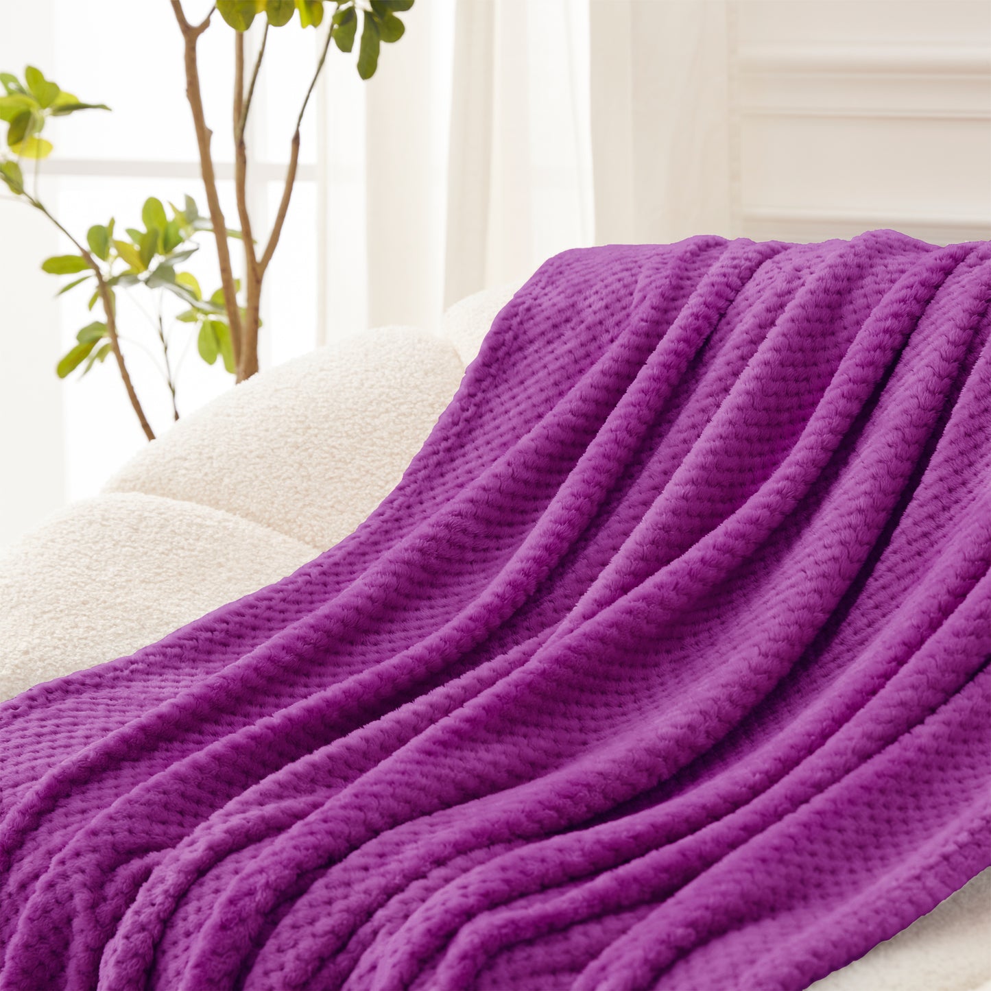 Exclusivo Mezcla Waffle Textured Soft Fleece Blanket, Twin Size Bed Blanket, Cozy Warm and Lightweight (Purple, 90x66 inches)