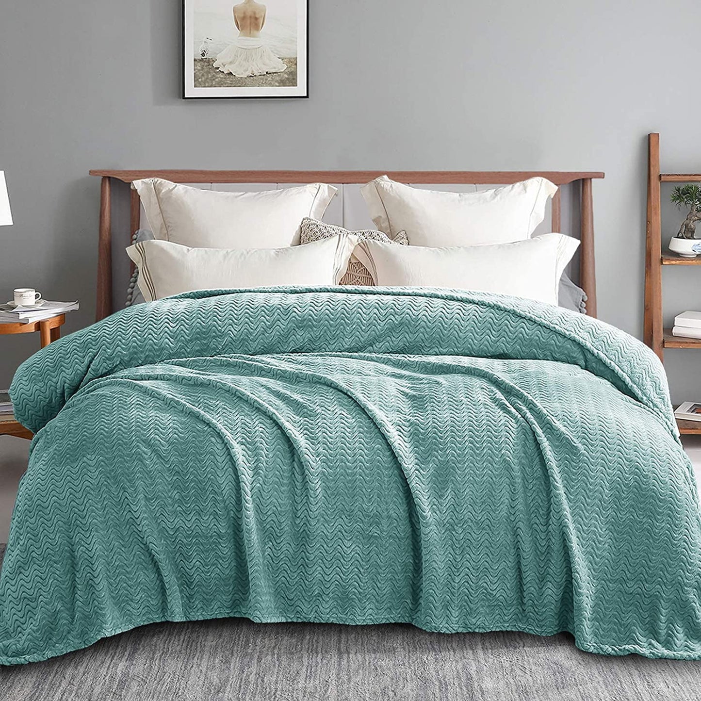 Exclusivo Mezcla Twin Size Jacquard Weave Wave Pattern Flannel Fleece Velvet Plush Bed Blanket as Bedspread/Coverlet/Bed Cover (90" x 66", Celadon) - Soft, Lightweight, Warm and Cozy