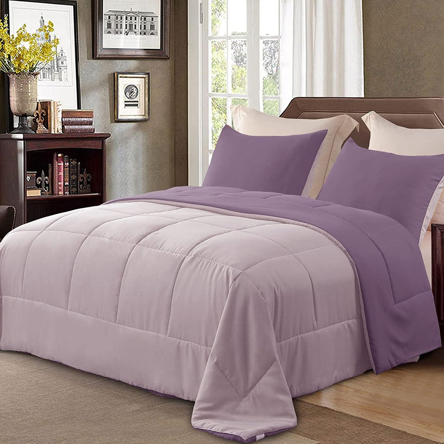 Exclusivo Mezcla Lightweight Reversible 3-Piece Comforter Set All Seasons, Down Alternative Comforter with 2 Pillow Shams, King Size, Dusty Lavender/ Lilac Ash