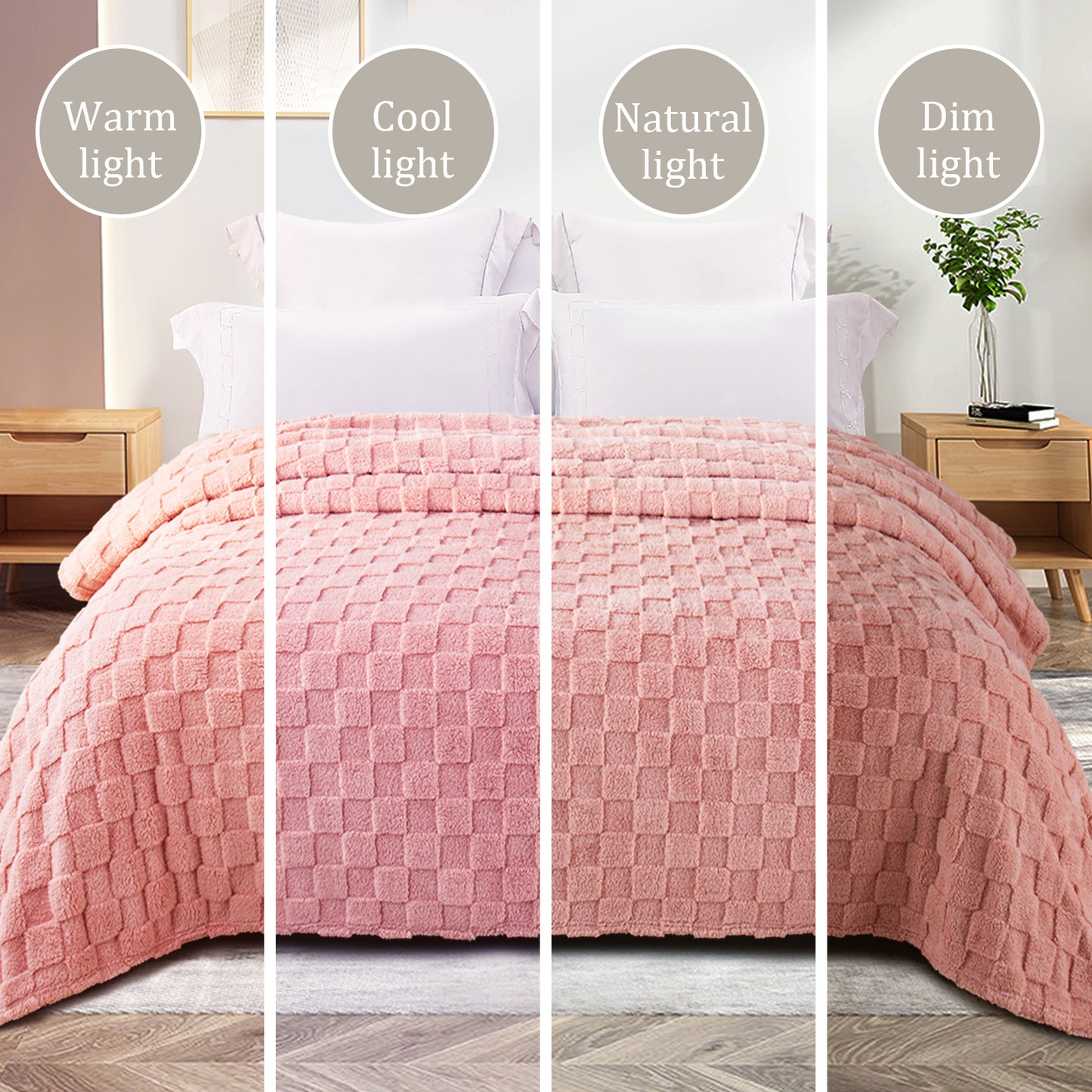 Exclusivo Mezcla Fleece Throw Blanket for Couch, Super Soft 3D Checkered Jacquard Bed Blanket, Cozy Fluffy Lightweight Blanket for All Seasons, 50x60 Inches, Pink Blanket