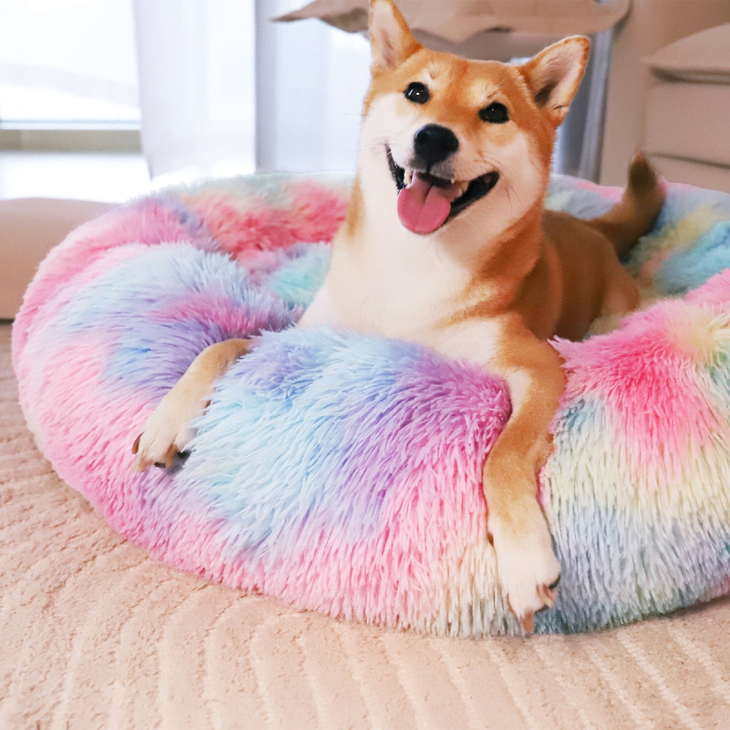 Exclusivo Mezcla Calming Donut Pet Bed for Medium Dogs 32", Anti-Anxiety Plush Cozy Warming Dog Bed, Pink Rainbow