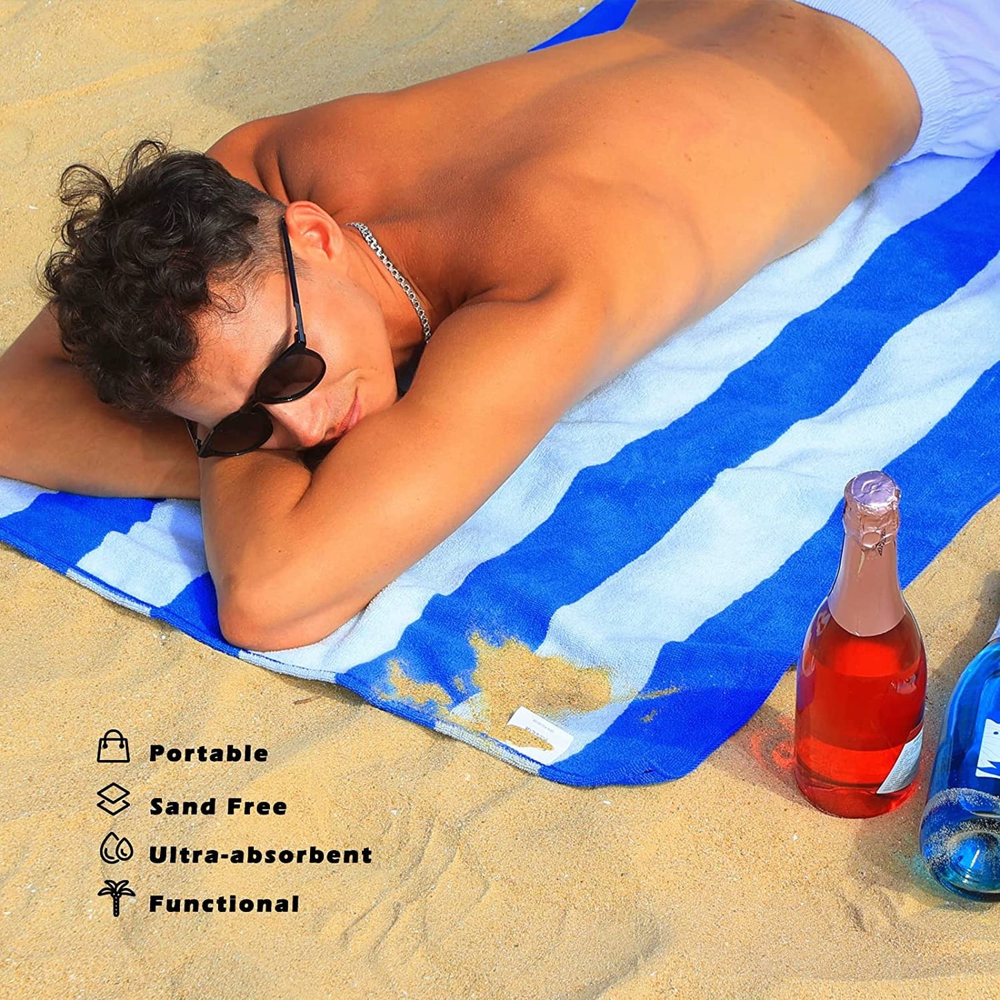 Exclusivo Mezcla 2 Pack Microfiber Cabana Striped Large Beach Towel for Adults (Blue, 30" x 60")-Soft, Quick Dry, Absorbent, and Plush
