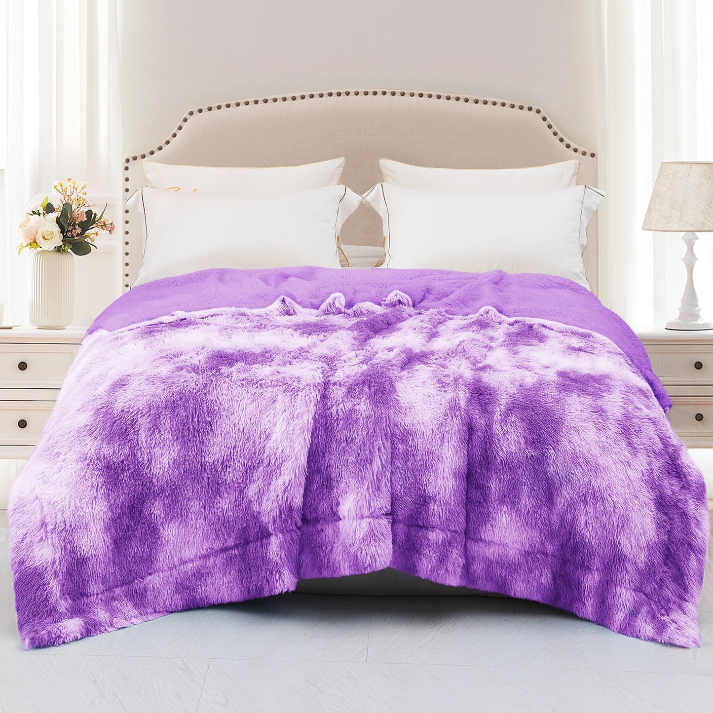 Exclusivo Mezcla Queen Size Faux Fur Throw Blanket, Super Soft Fuzzy and Plush Reversible Shaggy Sherpa Fleece Blanket and Warm Blankets for Bed, Sofa, Travel, 90X90 inches, Purple