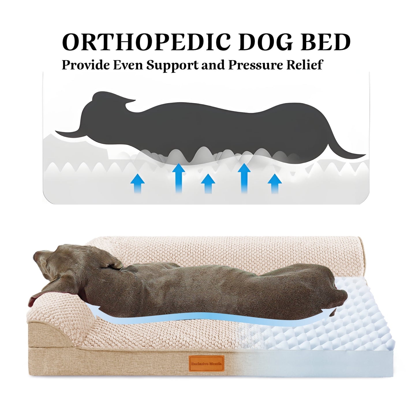 Exclusivo Mezcla Jacquard Orthopedic Pet Bed for Extra Large Dogs, 48"X30" Waterproof L Shaped Dog Bed with Washable Cover, Ivory