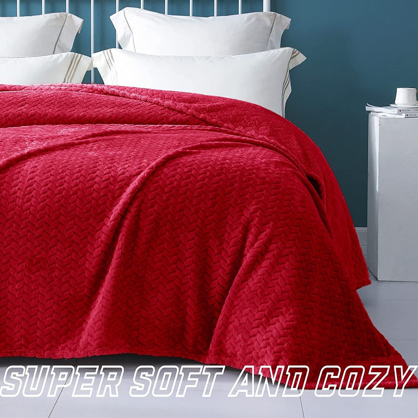 Exclusivo Mezcla Queen Size Jacquard Weave Leaves Pattern Flannel Fleece Velvet Plush Bed Blanket for Couch Bed Sofa (90" x 90", Red) - Soft, Lightweight, Warm and Cozy