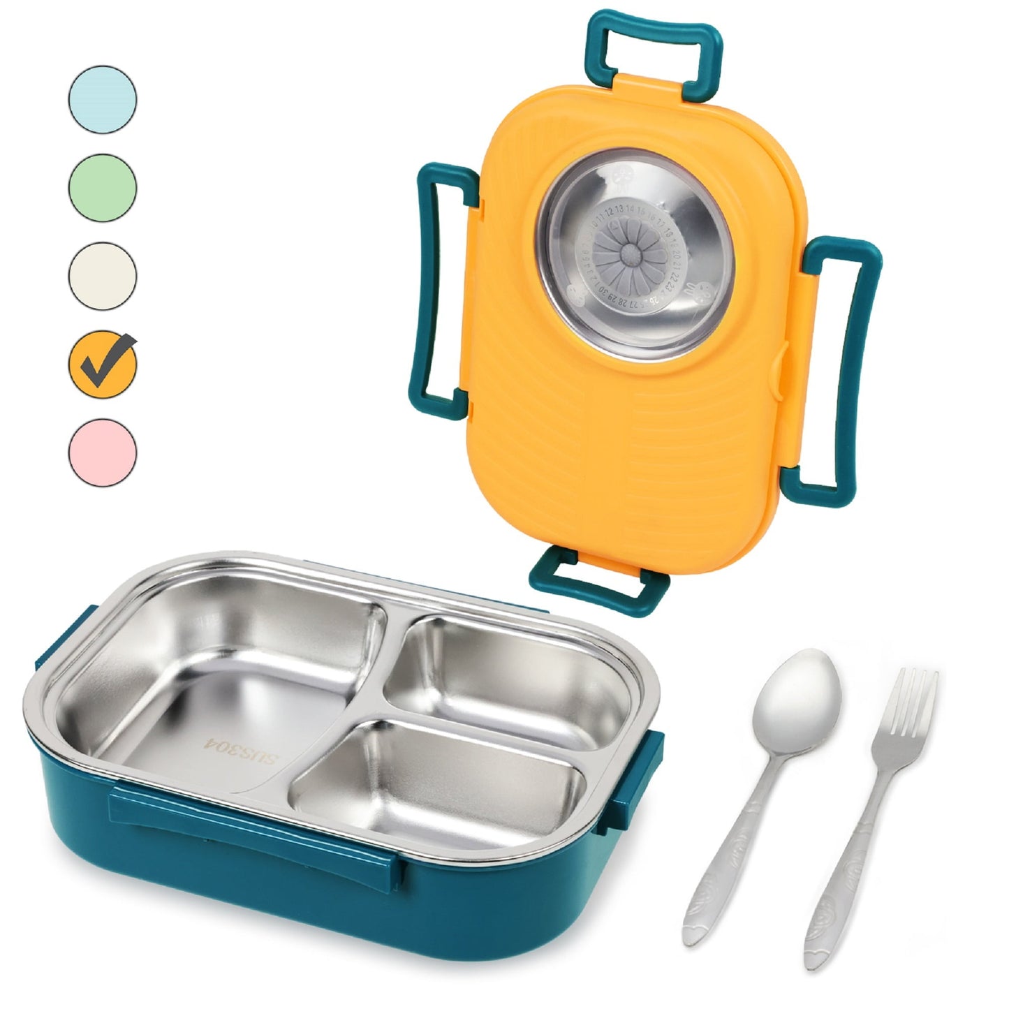 Exclusivo Mezcla Stainless Steel Bento Lunch Box for Kids and Adults,Stackable BPA-Free Food Containers with 3 Compartments and Reusable Sauce Bowl, Fork and Spoon, (1000ml/34oz, Yellow)