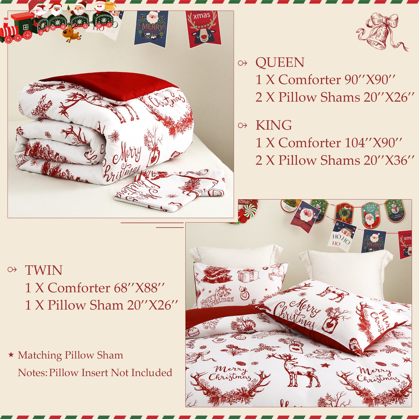 Exclusivo Mezcla Christmas Comforter Set Queen Size, Reversible White and Rust Red Down Alternative Comforter Sets, Printed with Christmas Reindeer Wreaths Pattern, for Holiday Decoration and Gifts