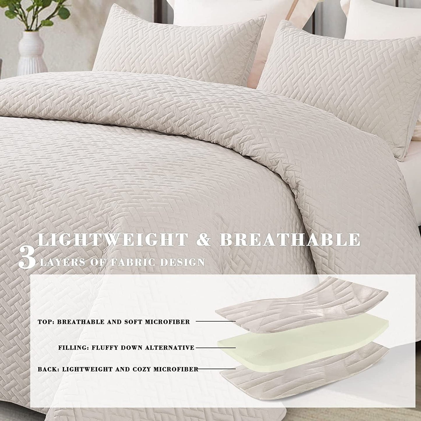 Exclusivo Mezcla 3-Piece Queen Size Quilt Set with Pillow Shams, Basket Quilted Bedspread/Coverlet/Bed Cover(96x90 Inches, Brich Beige) -Soft, Lightweight and Reversible