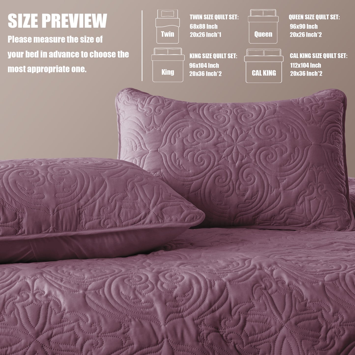 Exclusivo Mezcla King Quilt Bedding Set, Lightweight Vintage King Size Quilts with Pillow Shams, Soft Bedspreads Coverlets for All Seasons, (104"x96", Dusty Lavender)