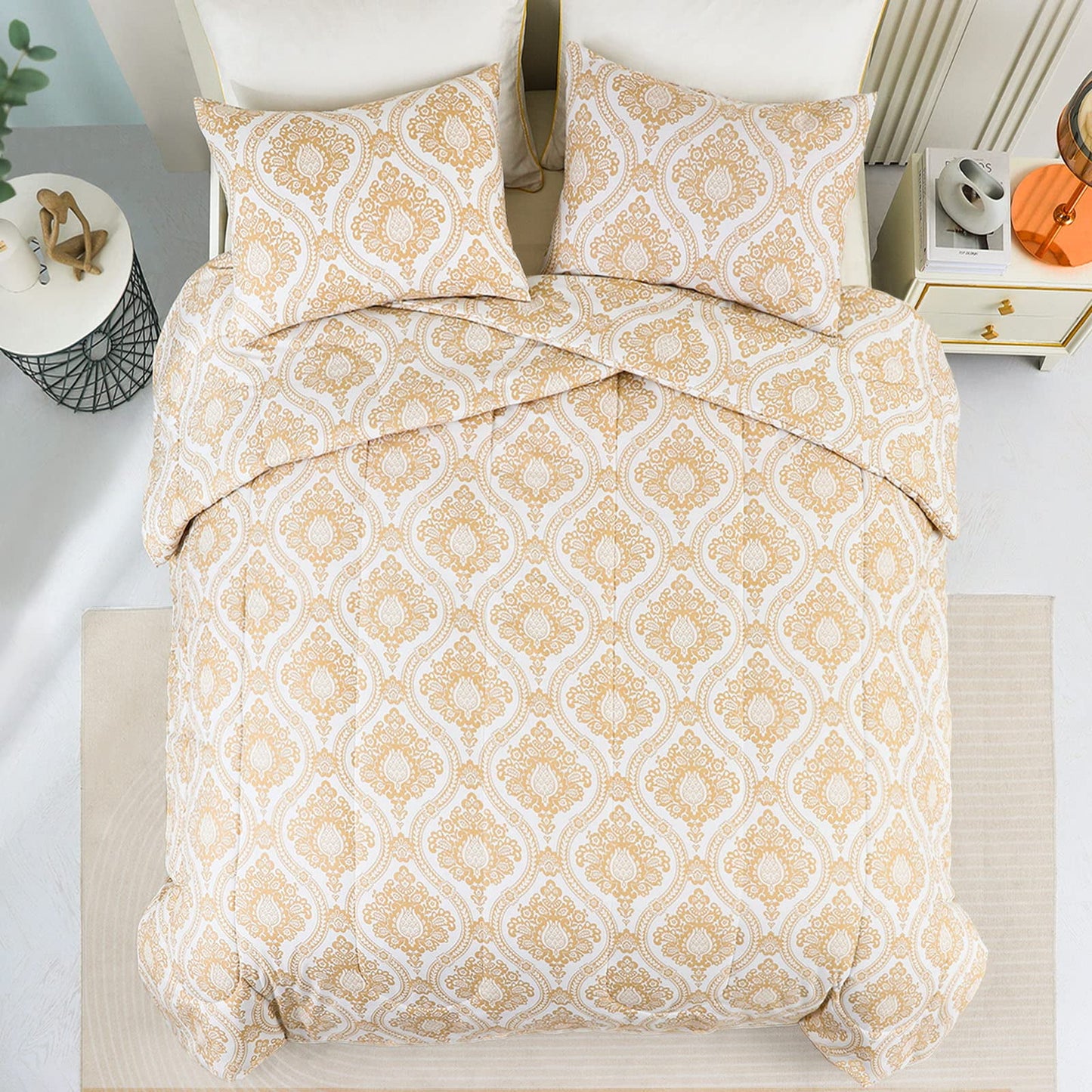 Exclusivo Mezcla 3-Piece Boho Damask Queen Comforter Set, Microfiber Bedding Down Alternative Comforter for All Seasons with 2 Pillow Shams, Beige