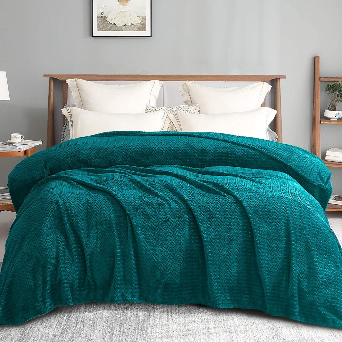 Exclusivo Mezcla Twin Size Jacquard Weave Wave Pattern Flannel Fleece Velvet Plush Bed Blanket as Bedspread/Coverlet/Bed Cover (90" x 66", Teal) - Soft, Lightweight, Warm and Cozy
