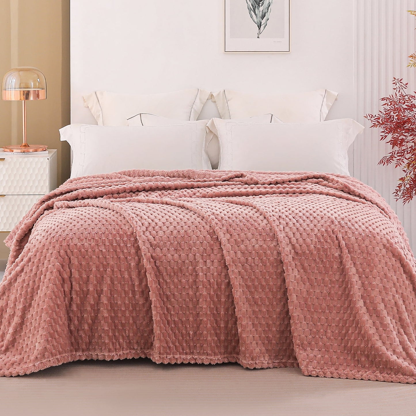 Exclusivo Mezcla Queen Size Flannel Fleece Blanket, 90x90 Inches Stylish Jacquard Velvet Plush Blanket for Bed, Cozy, Warm, Lightweight and Decorative Dusty Pink Blanket