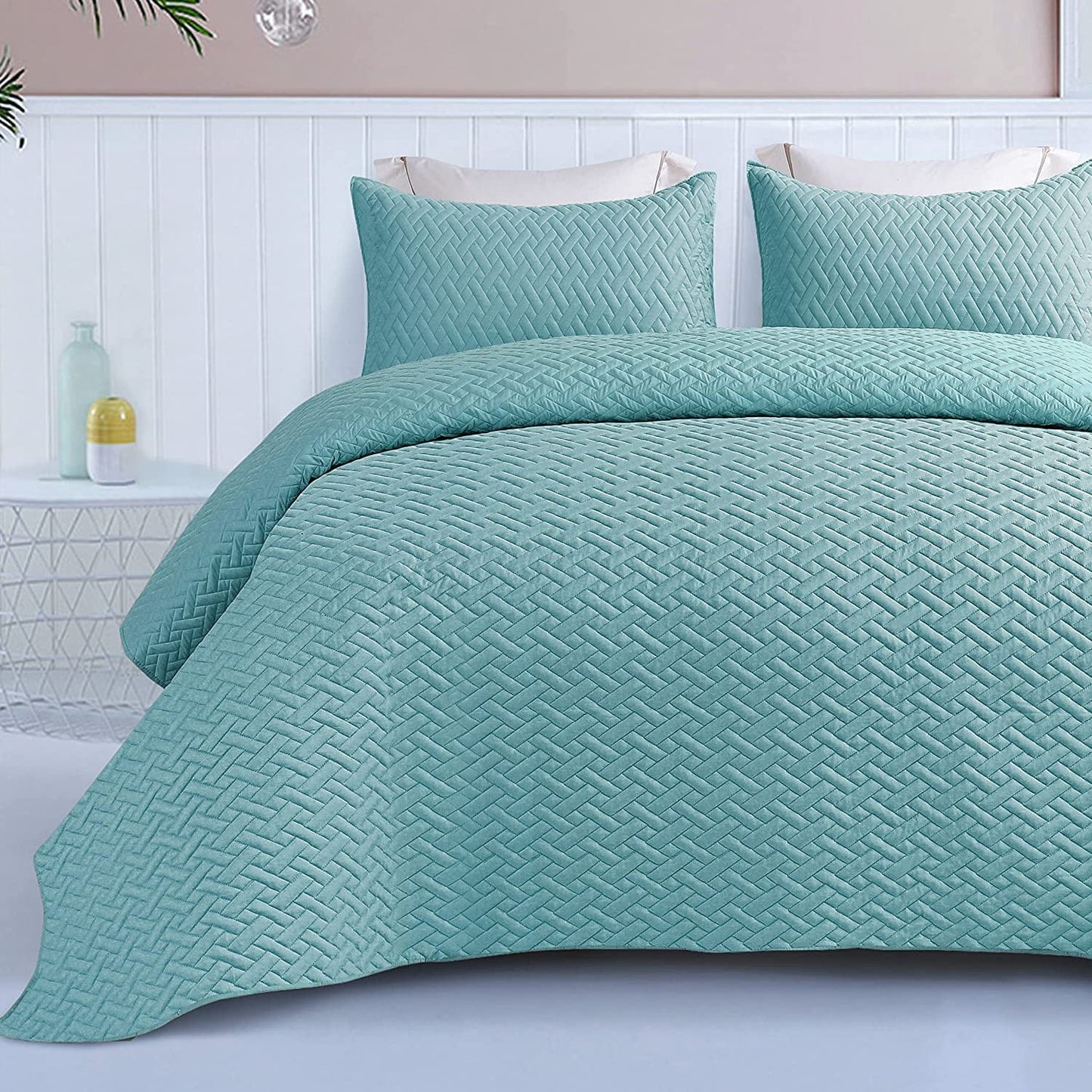 Exclusivo Mezcla 2-Piece Twin Size Quilt Set with One Pillow Sham, Basket Quilted Bedspread/Coverlet/Bed Cover(68x88 Inches, Turquoise) -Soft, Lightweight and Reversible