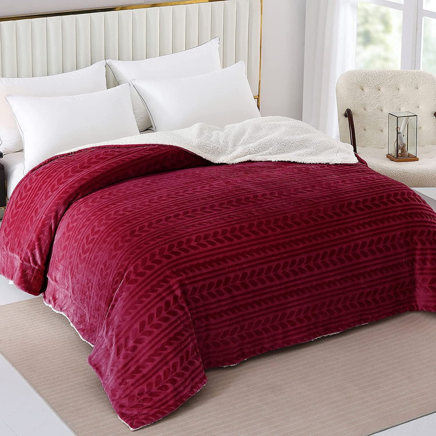 Exclusivo Mezcla King Size Sherpa Fleece Bed Blanket, Ultra Soft and Warm Reversible Velvet Blankets for Bed Couch Sofa 90x104 inches, Deep Red