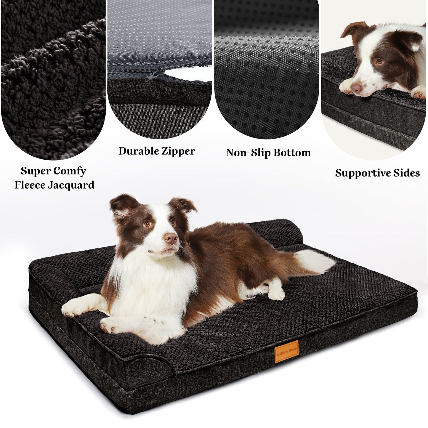 Exclusivo Mezcla Jacquard Orthopedic Pet Bed for Extra Large Dogs, 48"X30" Waterproof L Shaped Dog Bed with Washable Cover, Black