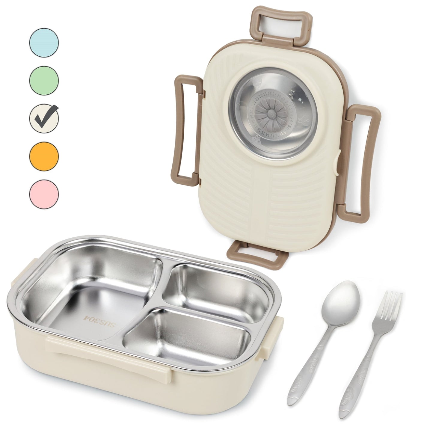 Exclusivo Mezcla Stainless Steel Bento Lunch Box for Kids and Adults,Stackable BPA-Free Food Containers with 3 Compartments and Reusable Sauce Bowl, Fork and Spoon, (1000ml/34oz, Cream)
