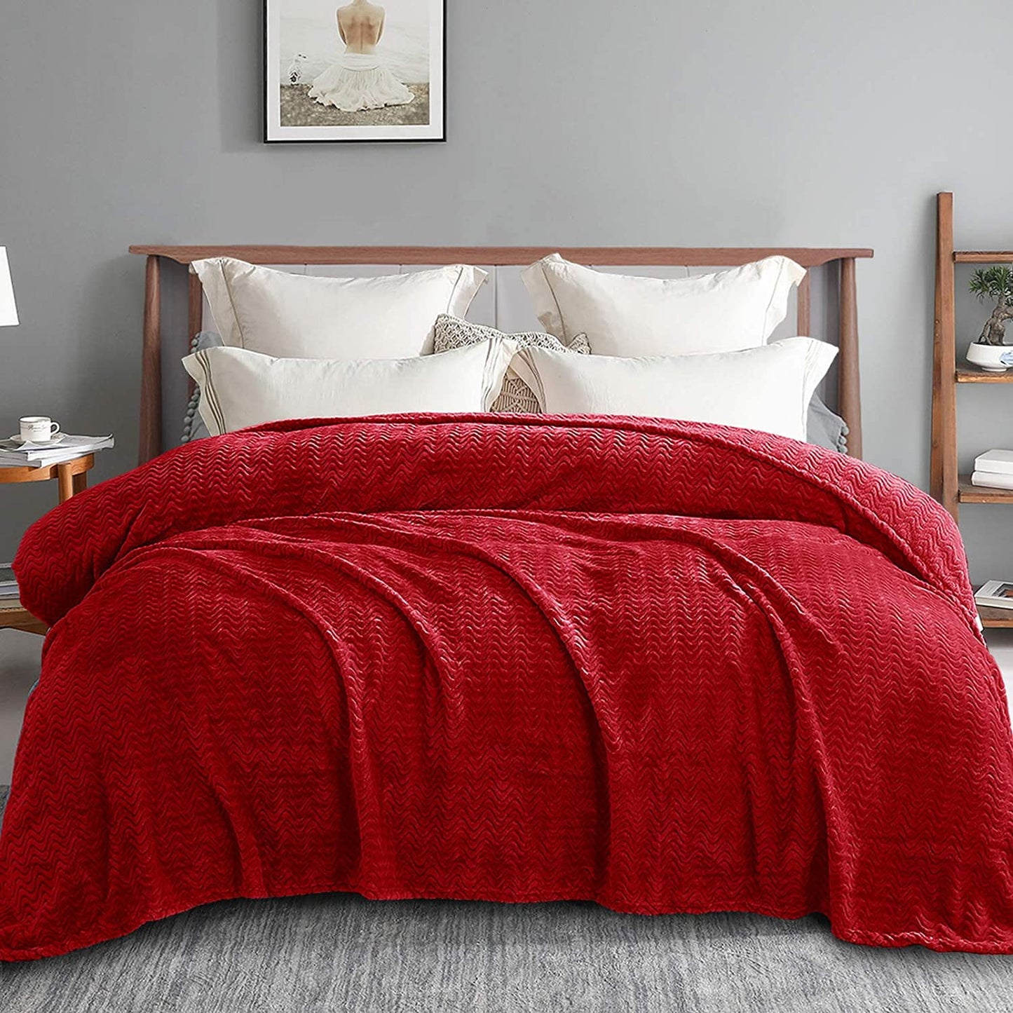 Exclusivo Mezcla Queen Size Jacquard Weave Wave Pattern Flannel Fleece Velvet Plush Bed Blanket as Bedspread/Coverlet/Bed Cover (90" x 90", Red) - Soft, Lightweight, Warm and Cozy