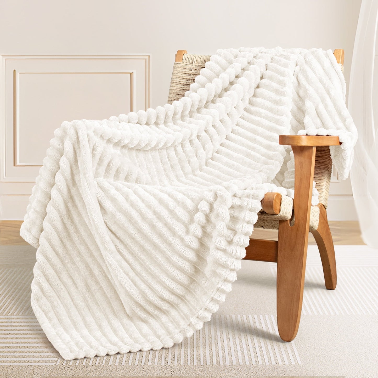 Exclusivo Mezcla Fleece Throw Blanket for Couch, Super Soft 3D Striped Jacquard Bed Blanket, Lightweight Fuzzy Cozy Blankets for All Seasons, 50x60 Inches, Ivory Blanket