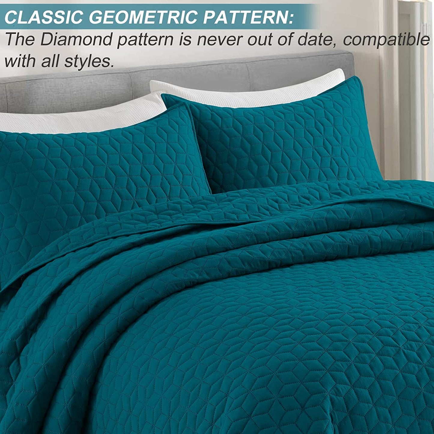 Exclusivo Mezcla 3-Piece Navy blue King Size Quilt Set, Diamond Pattern Ultrasonic Lightweight and Soft Quilts/Bedspreads/Coverlets/Bedding Set (1 Quilt, 2 Pillow Shams) for All Seasons