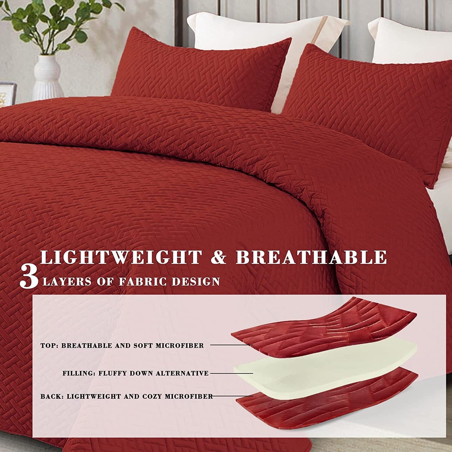 Exclusivo Mezcla 3-Piece King Size Quilt Set with Pillow Shams, Basket Quilted Bedspread/Coverlet/Bed Cover(96x104 Inches, Red) -Soft, Lightweight and Reversible