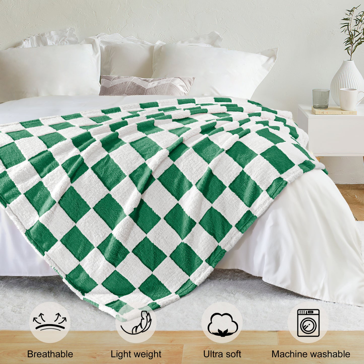 Exclusivo Mezcla Checkered Throw Blanket, Super Soft and Warm Fluffy Fleece Blanket for Couch, Sofa, Bed, Cute Plaid Pattern, Green, 50" x 60"