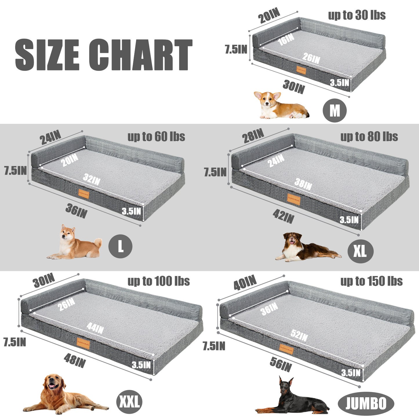 Exclusivo Mezcla Orthopedic XXL Dog Bed for Extra Large Dogs 48''X30'', L Shaped with Removable Washable Cover, Waterproof Supportive Foam Pet Couch Bed Mat, Grey