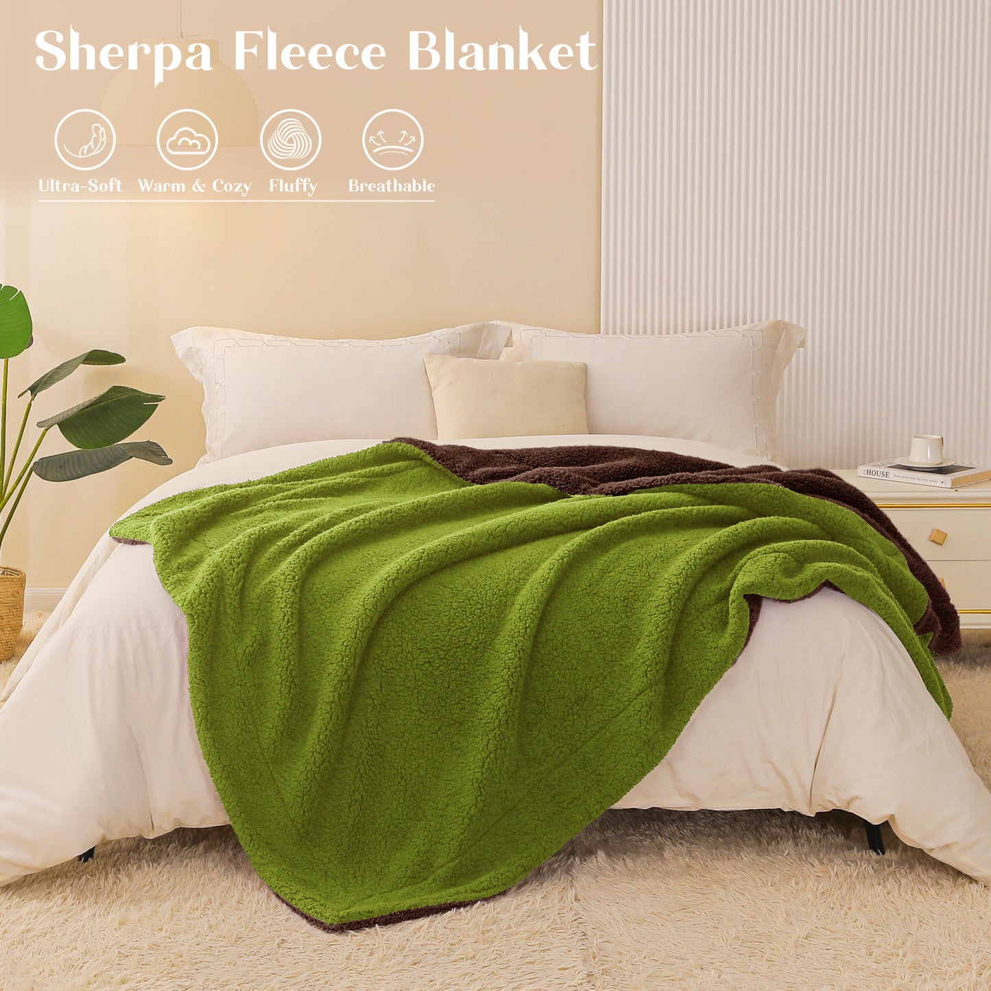 Exclusivo Mezcla Twin Size Reversible Sherpa Fleece Blanket, Soft Plush Blanket for Bed Sofa, Warm Fluffy Blankets for All Season, 60x80 Inches, Olive/ Brown