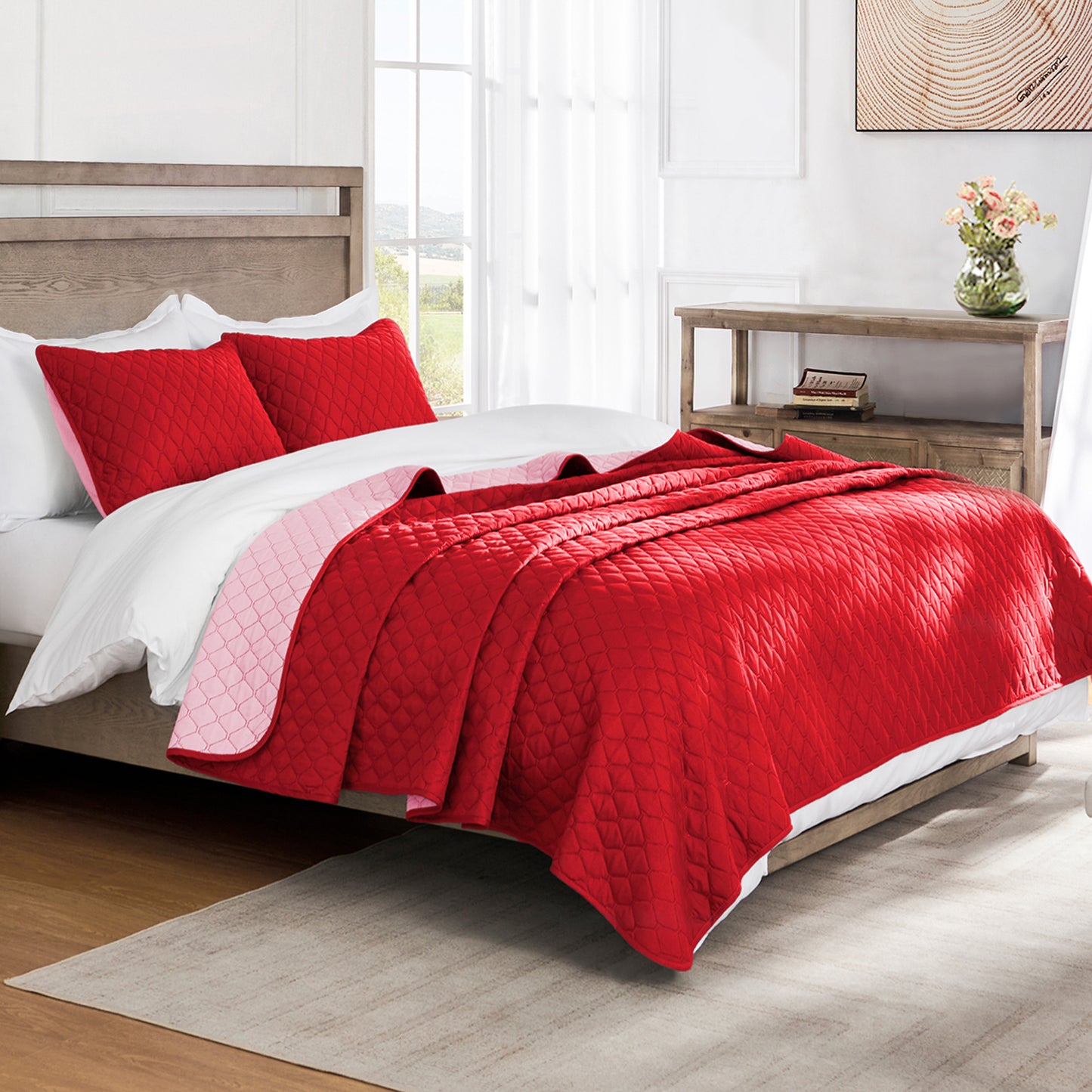Exclusivo Mezcla Ultrasonic Reversible King Size Quilt Bedding Set with Pillow Shams, Lightweight Quilts King Size, Soft Bedspreads Bed Coverlets for All Seasons - (Red, 104"x96")